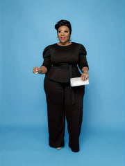 Solid Gigot Sleeve Peplum Top & Pants Set