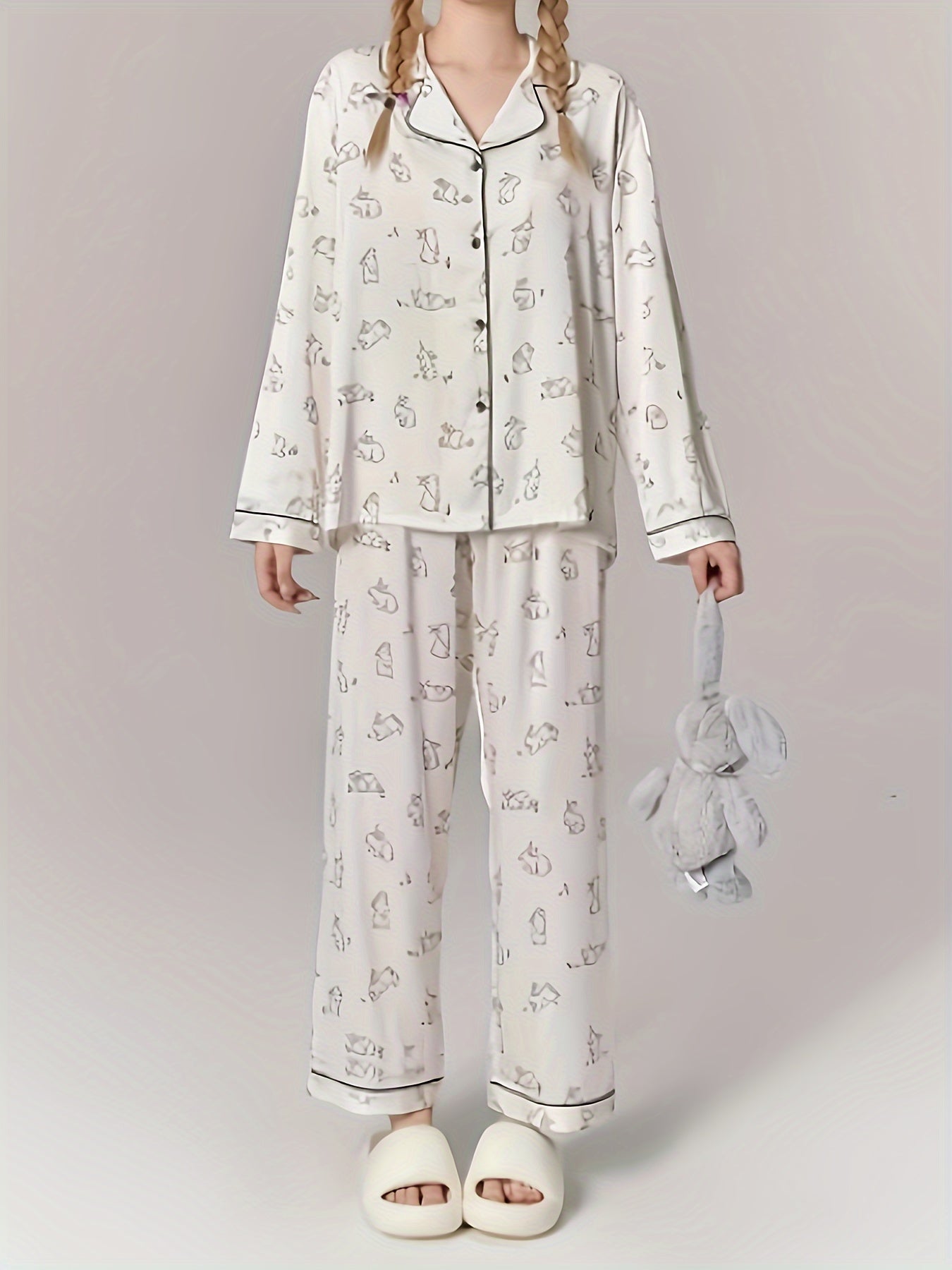Rabbit Print Pajama Set Long Sleeve Top & Pants Women's Sleepwear