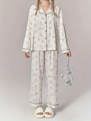 Rabbit Print Pajama Set Long Sleeve Top & Pants Women's Sleepwear
