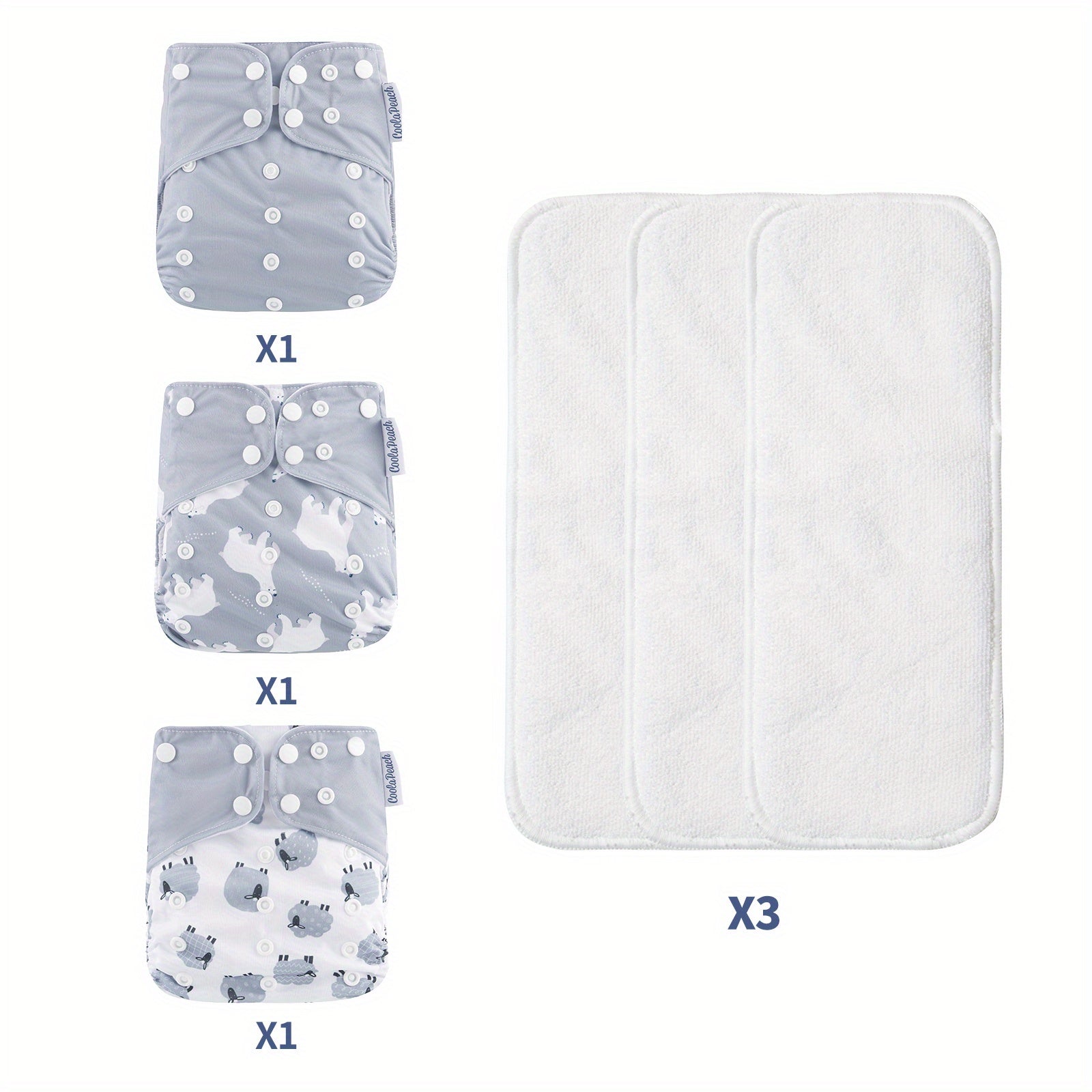 3pcs Eco-friendly Washable Baby Cloth Diaper Set with Inserts