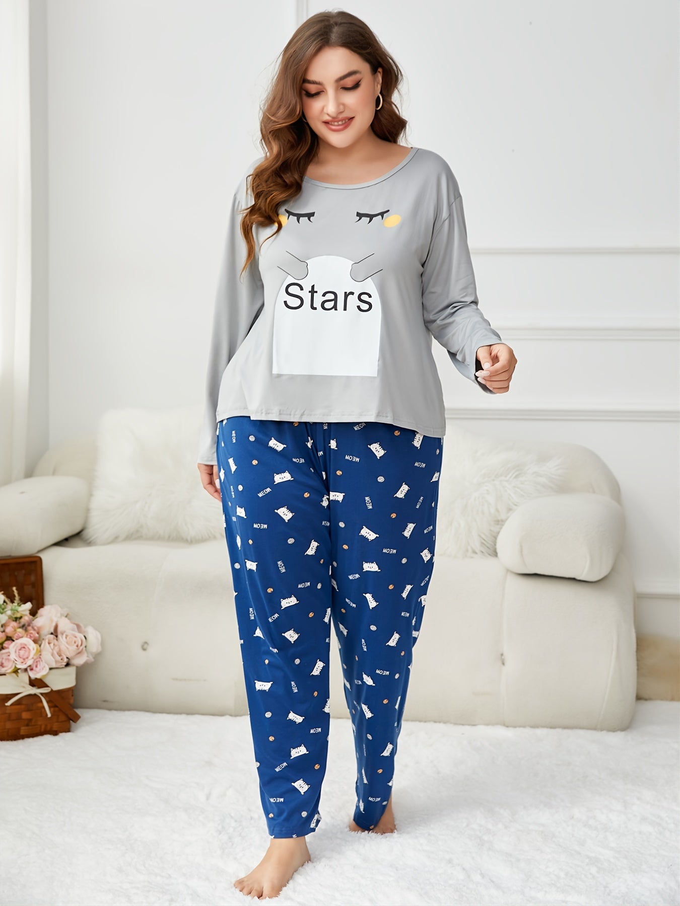 Cat Print Pajama Set Long Sleeve Top & Pants
