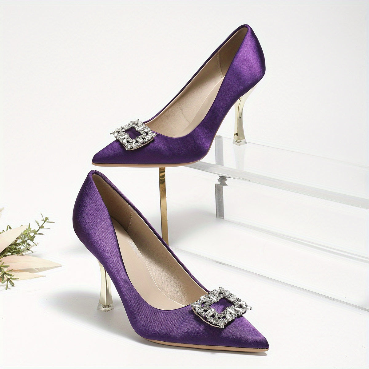 Purple Rhinestone Stiletto Heels Point Toe Party Pumps