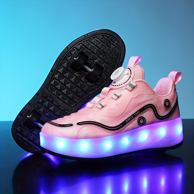 Girl's LED Roller Shoes with Rotating Buckle Detachable Wheel Skate Sneakers