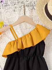 Girls Colorblock Bow Front Ruffle Trim Jumpsuit Romper