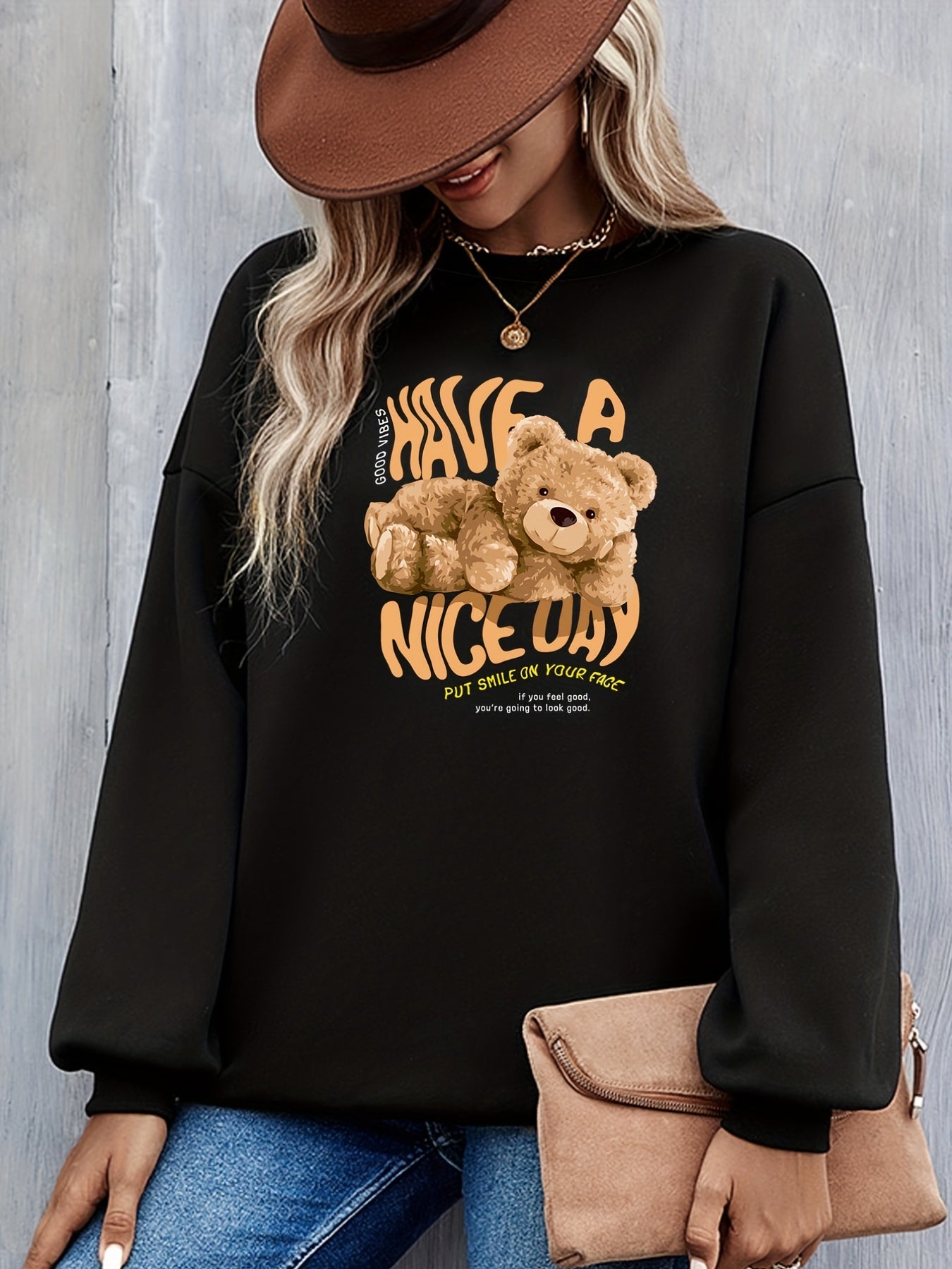 Bear & Slogan Print Crew Neck Sweatshirt for Women
