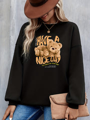 Bear & Slogan Print Crew Neck Sweatshirt for Women
