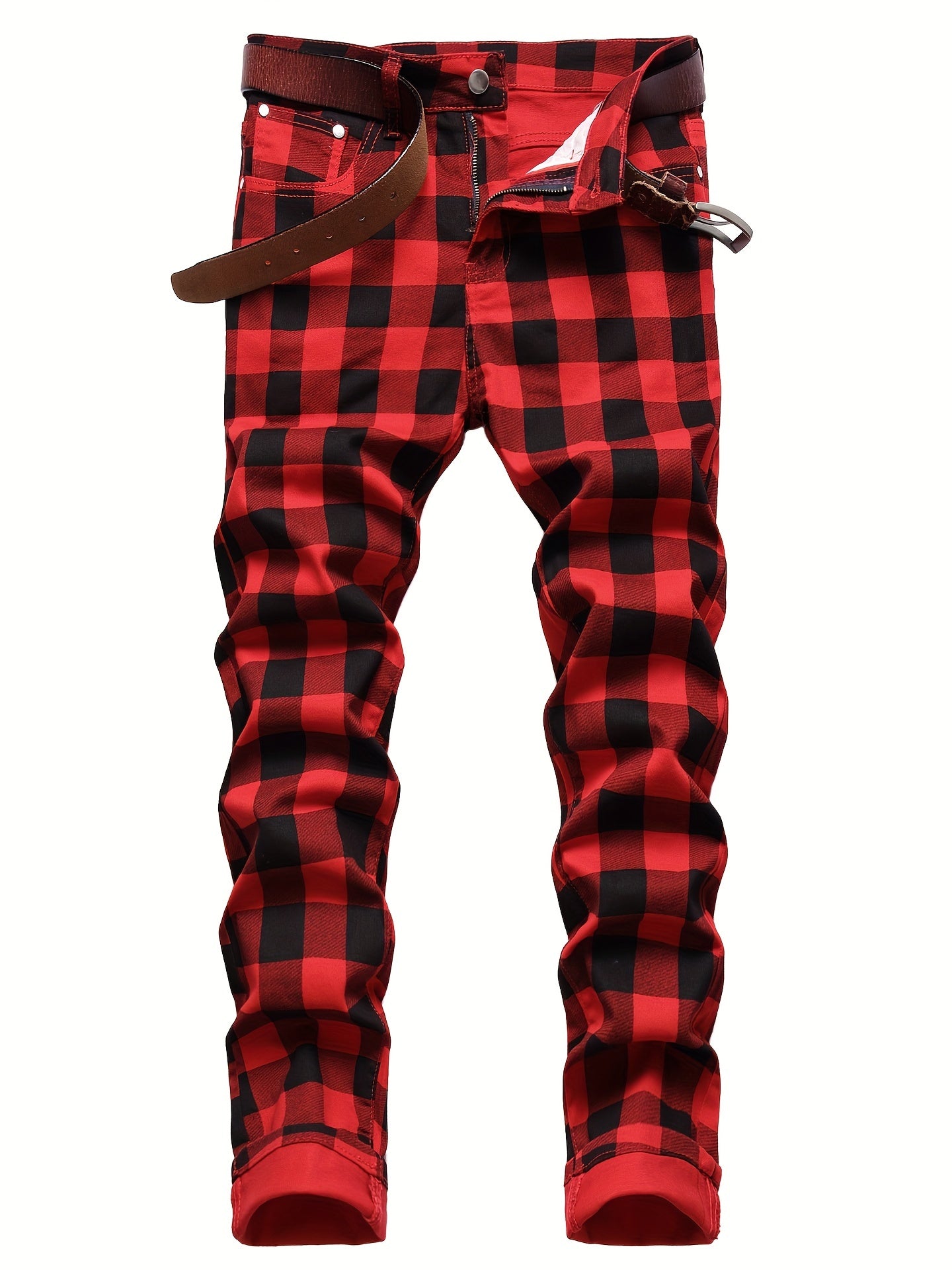Y2K Plaid Pattern Slim Fit Jeans Vintage Style Stretch Denim Pants