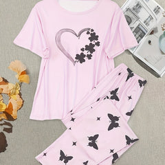 Plus Size Pajama Set Women's Clover Heart & Butterfly Print Tee & Pants