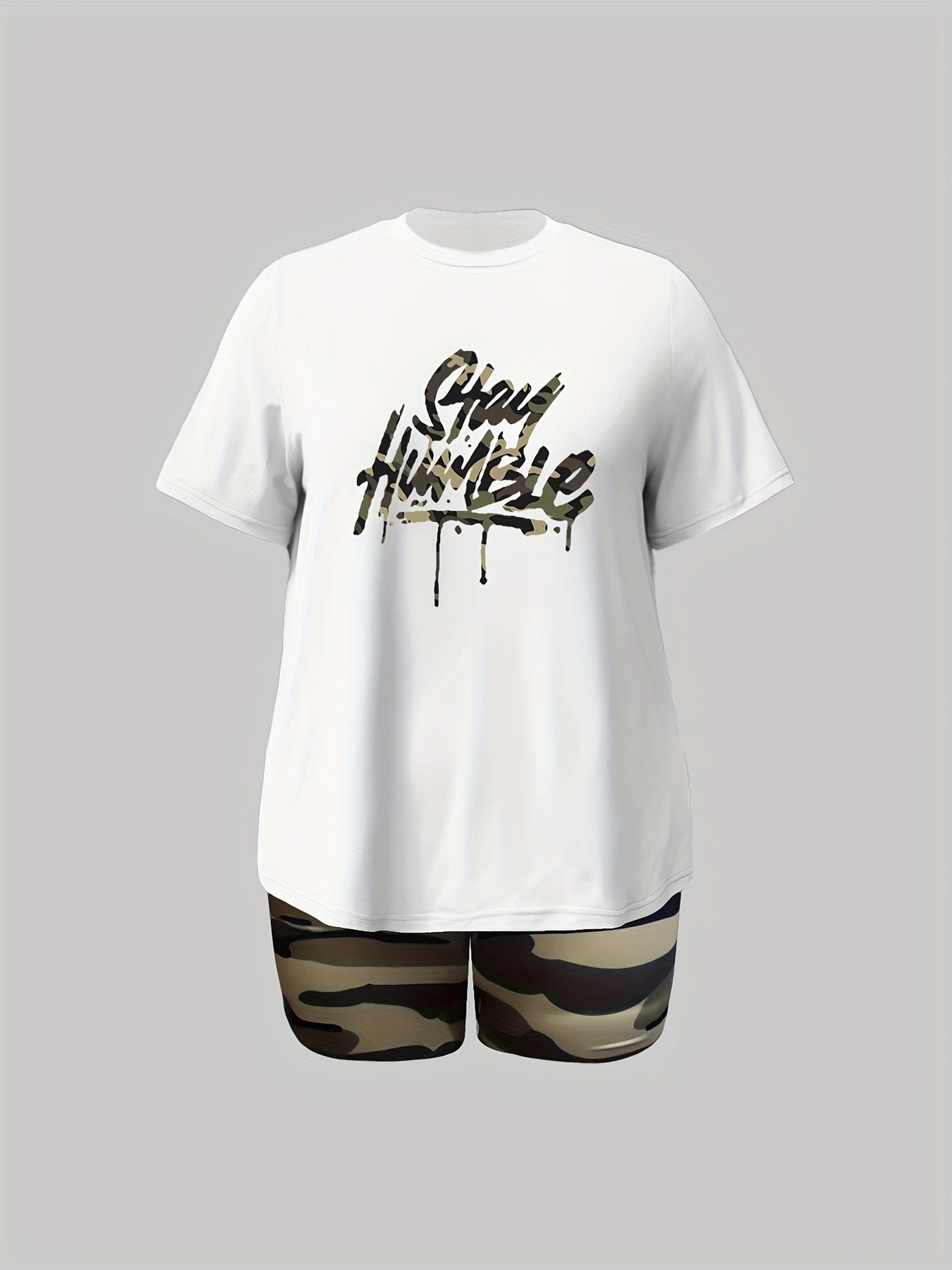 Camo & Slogan Print Top & Shorts Set