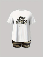 Camo & Slogan Print Top & Shorts Set