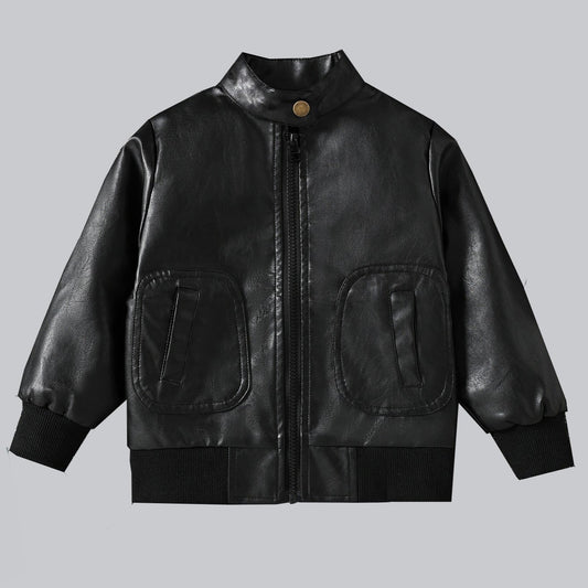 Boy's Fashionable Stand Collar Leather Jacket