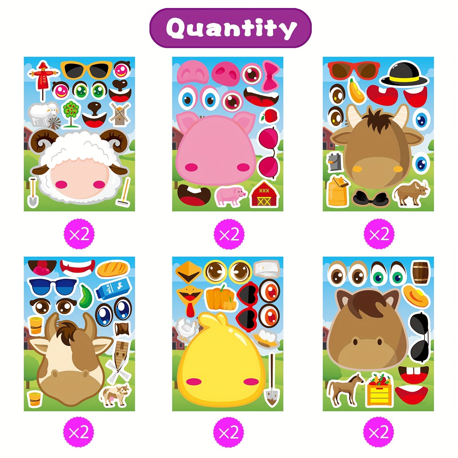 12pcs Farm Animals Make A Face Stickers DIY Craft Fantasy Animals Party Supplies