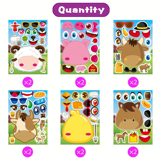 12pcs Farm Animals Make A Face Stickers DIY Craft Fantasy Animals Party Supplies