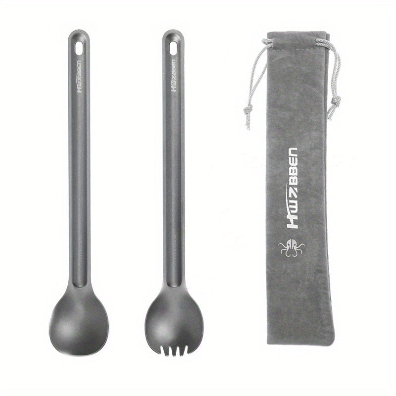 HWZBBEN Titanium Long Handle Fork & Spoon Set for Camping