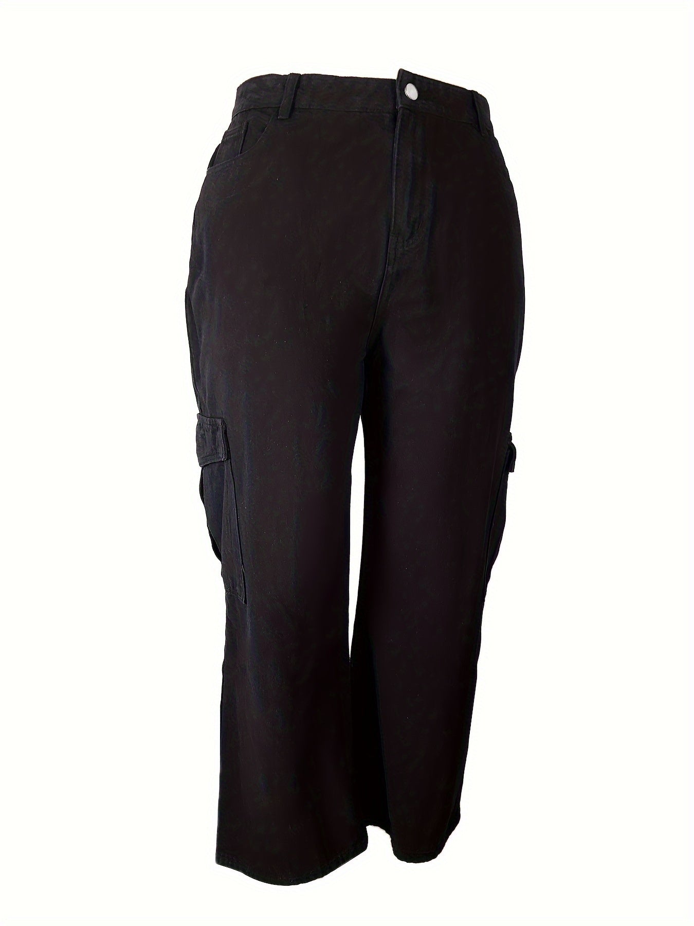 Solid High Rise Wide Leg Cargo Jeans With Pockets