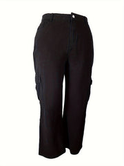 Solid High Rise Wide Leg Cargo Jeans With Pockets