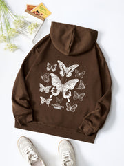 Butterfly & Letter Print Hooded Shirt Solid Drawstring Pullover