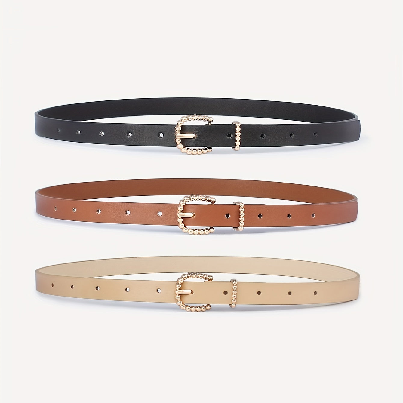 3pcs Set Golden Beaded Buckle Belt PU Leather Waist Belt for Women