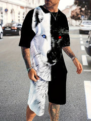 Men's Wolf Pattern T shirt & Active Shorts Set For Fitness
