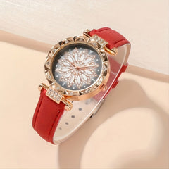 Red Quartz Watch & 2 Rose Bracelets Set for Kids
