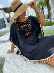 Boho Style Beach Cover Up Dress with Tassel Trim