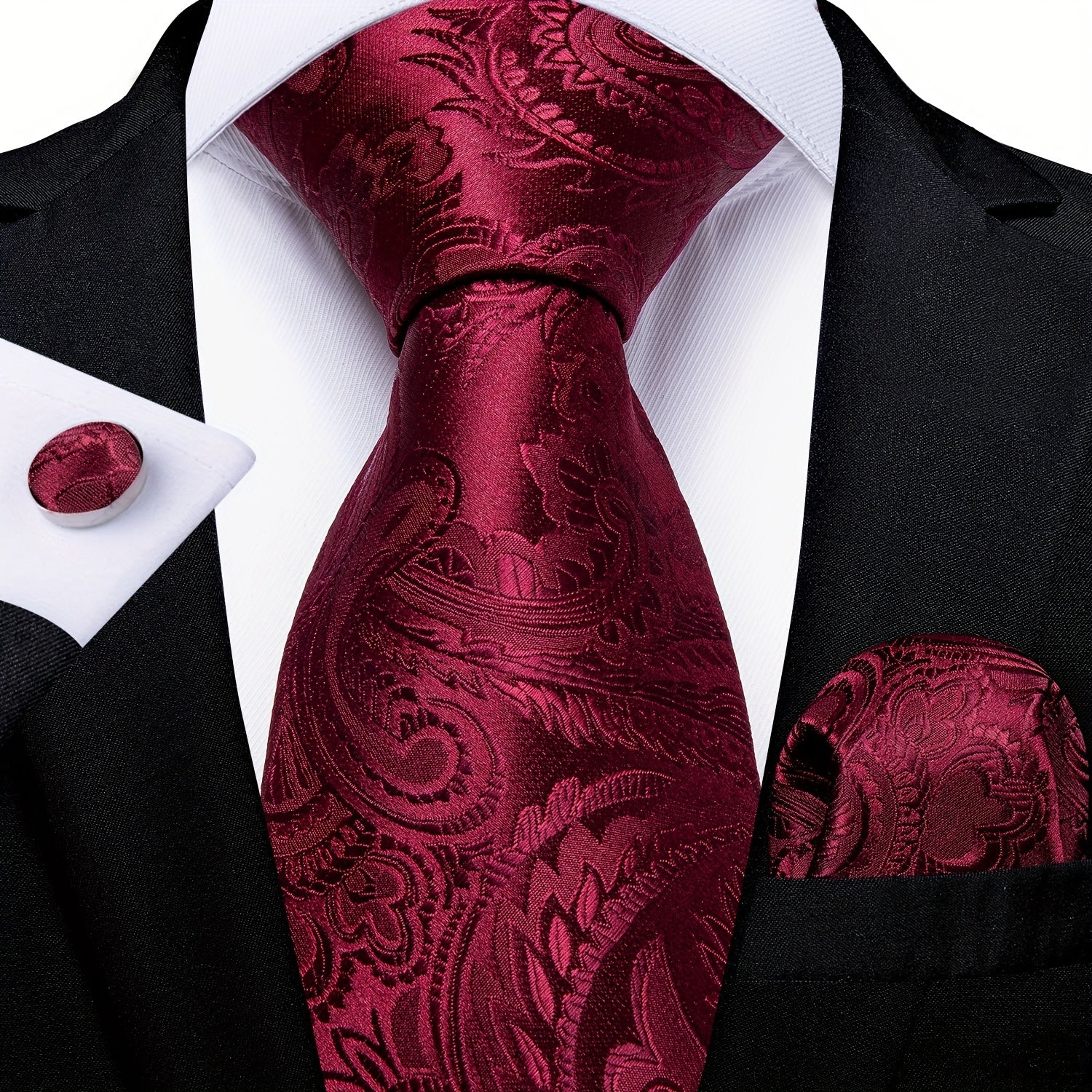 DiBanGu Men's Wine Red Paisley Tie Set for Wedding