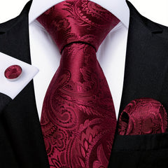 DiBanGu Men's Wine Red Paisley Tie Set for Wedding