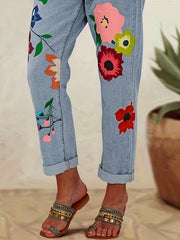 Women's Floral Print Straight Leg Denim Pants