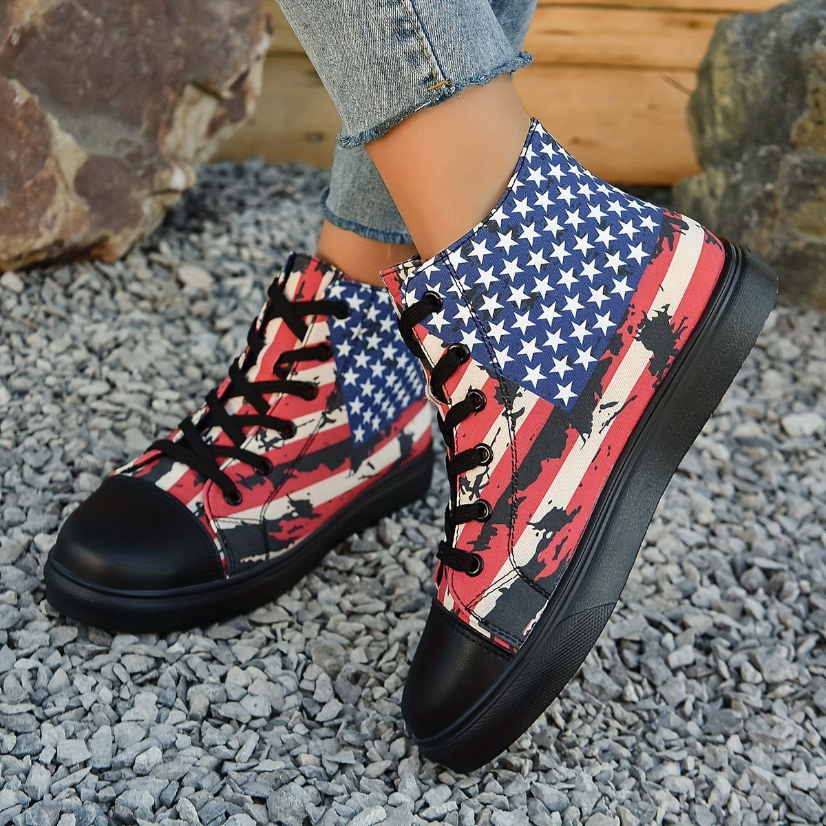 Women's Classic High Top Canvas Shoes Casual Star & Striped Pattern Sneakers