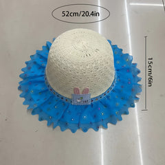Kids Flower Lace Trim Sunscreen Straw Hat for Summer Beach