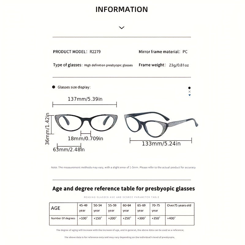 Cat Eye Reading Glasses for Women Men - Model 2279