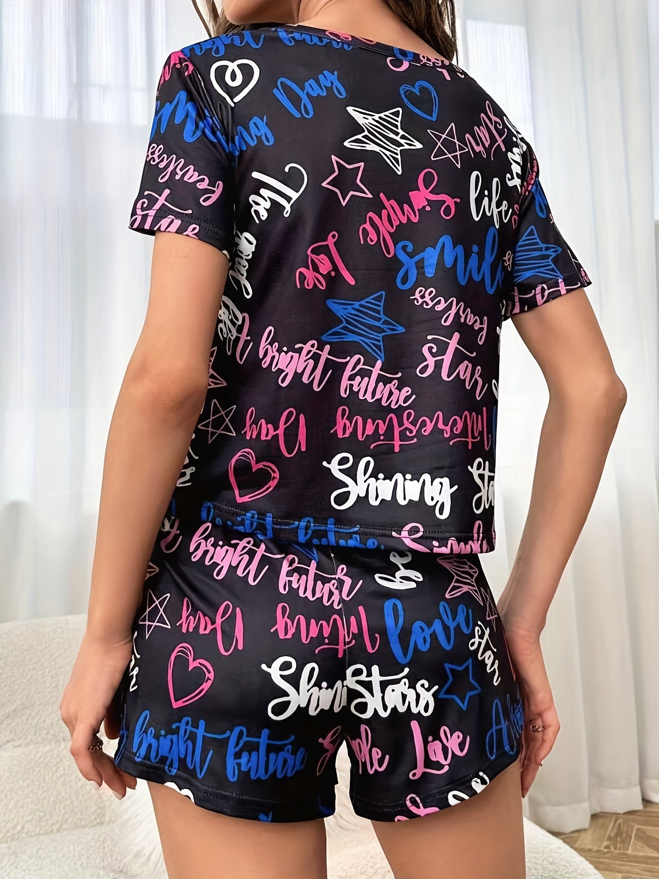 Letter Print Pajama Set Short Sleeve Crew Neck Top & Elastic Waistband Shorts