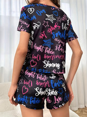 Letter Print Pajama Set Short Sleeve Crew Neck Top & Elastic Waistband Shorts