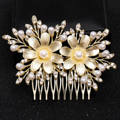 Bridal Rhinestone Hair Comb Clip with Faux Pearl Leaf