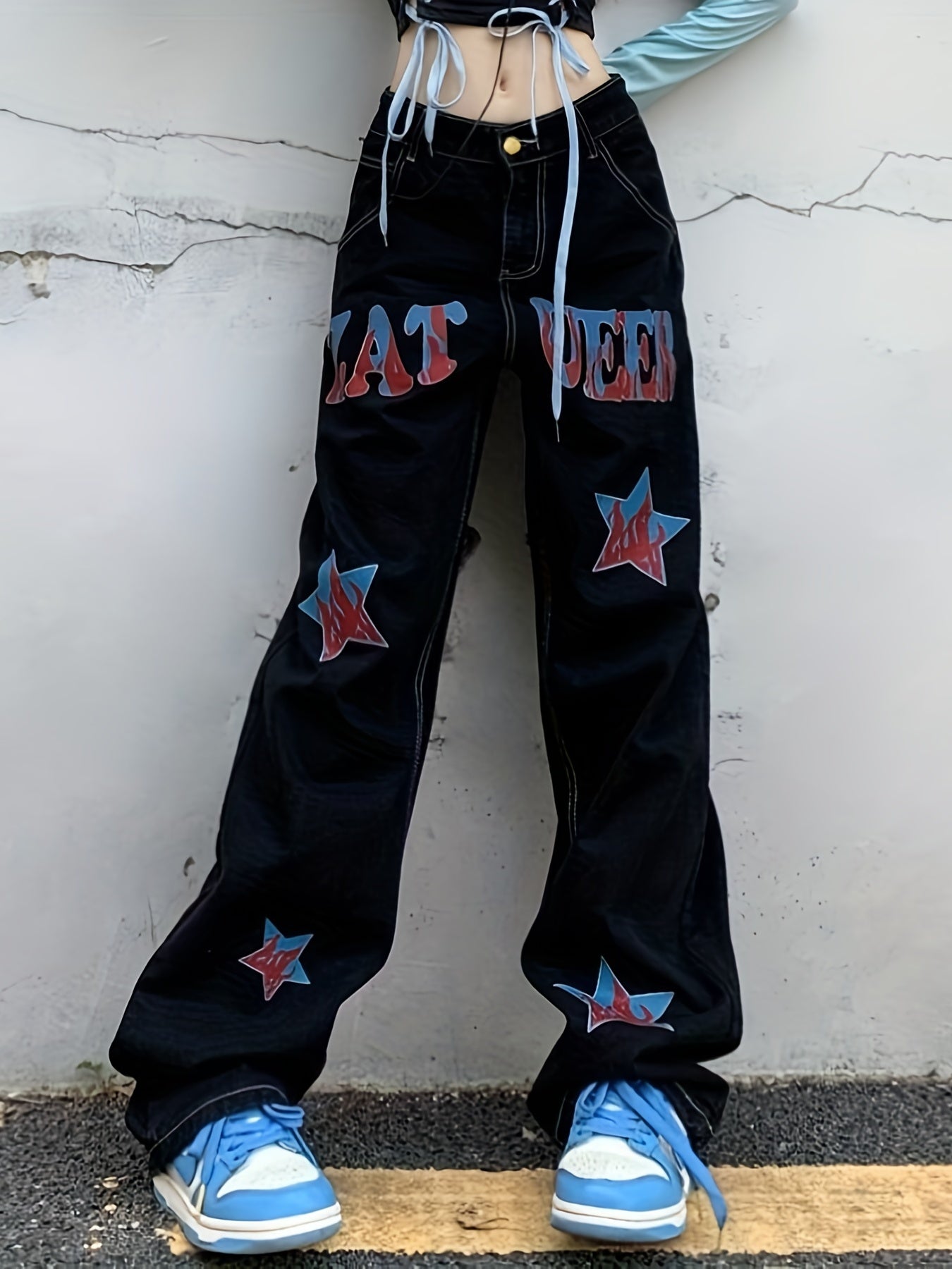 Star Flame Wide Leg Jeans Retro Loose Streetwear Denim Pants