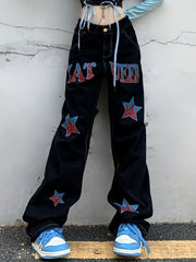 Star Flame Wide Leg Jeans Retro Loose Streetwear Denim Pants