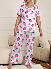 Strawberry & Flower Print Pajama Set Two Piece Loungewear