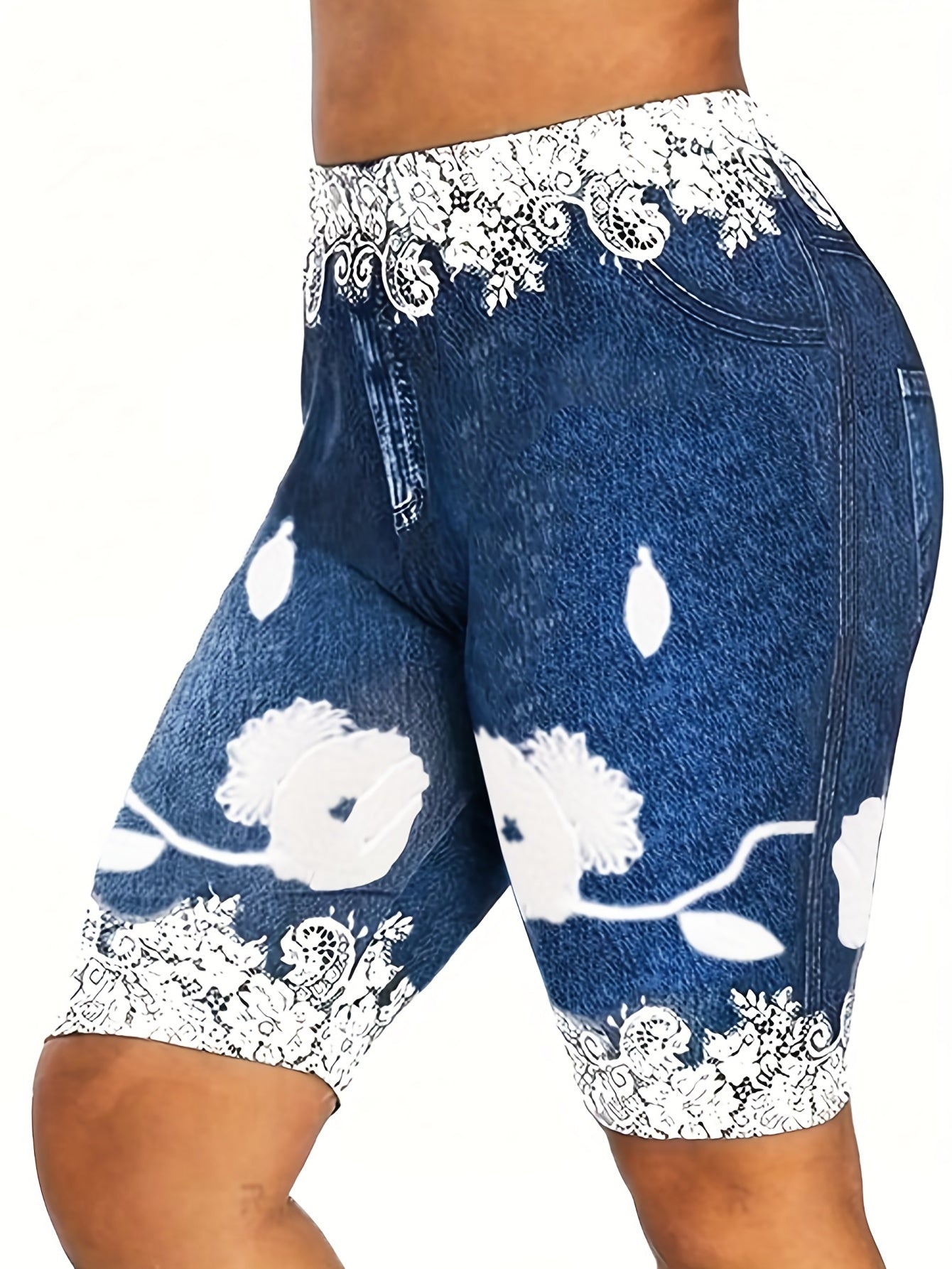 Denim Print High Rise Stretch Shorts