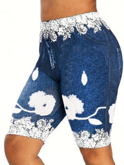 Denim Print High Rise Stretch Shorts