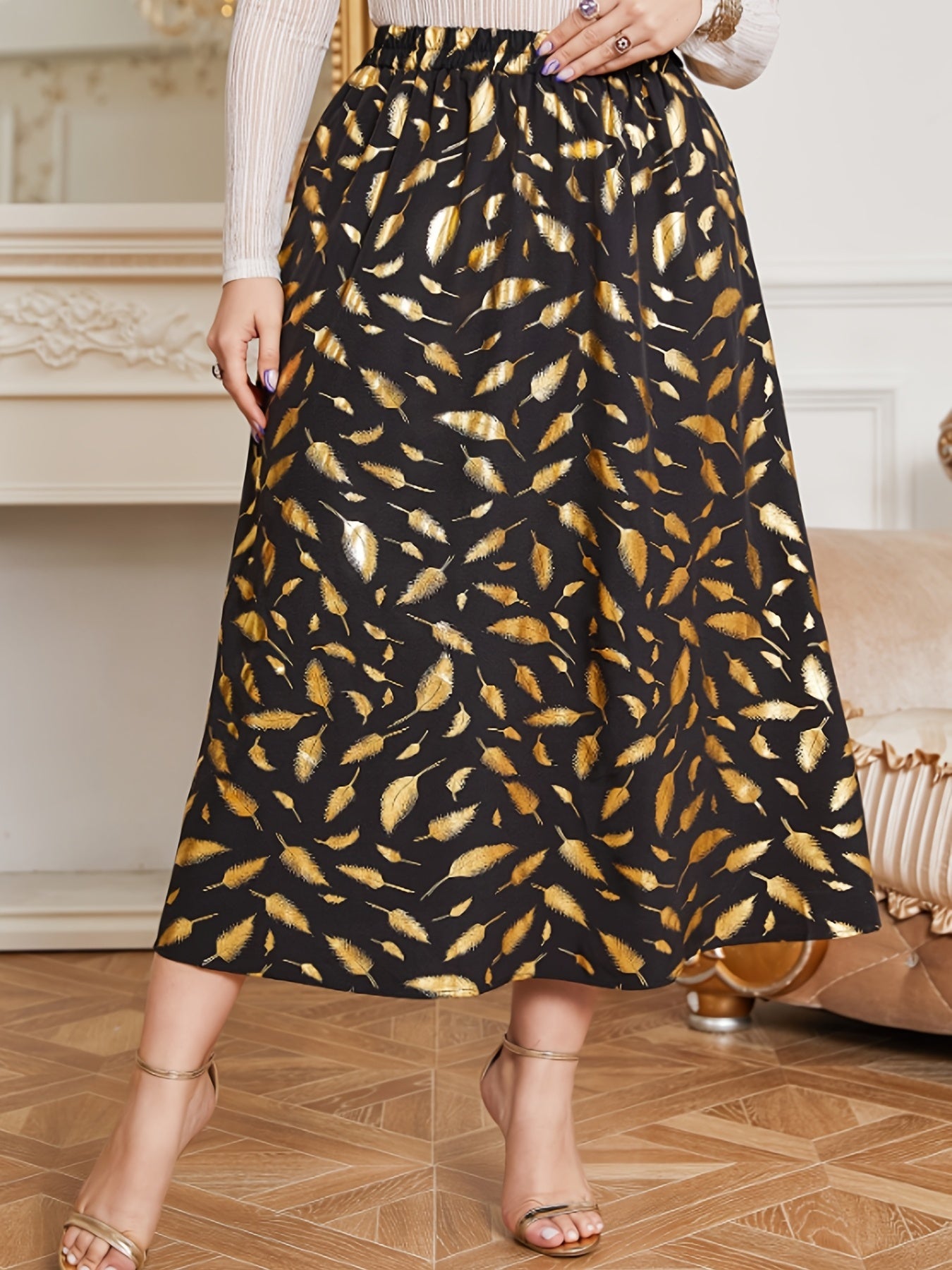 Boho Skirt Women's Plus Golden Feather Print Maxi Skirt