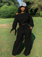 Slanted Shoulder Long Sleeve Tops & Drawstring Pants Set