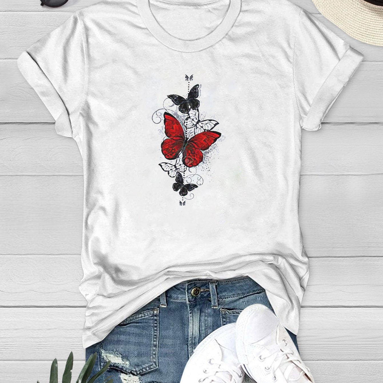 Butterfly Print T-shirt Women's Short Sleeve Summer Top