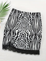 Snake Skin Print Lace Trim Skirt Sexy Slim Elastic Waist Skirt