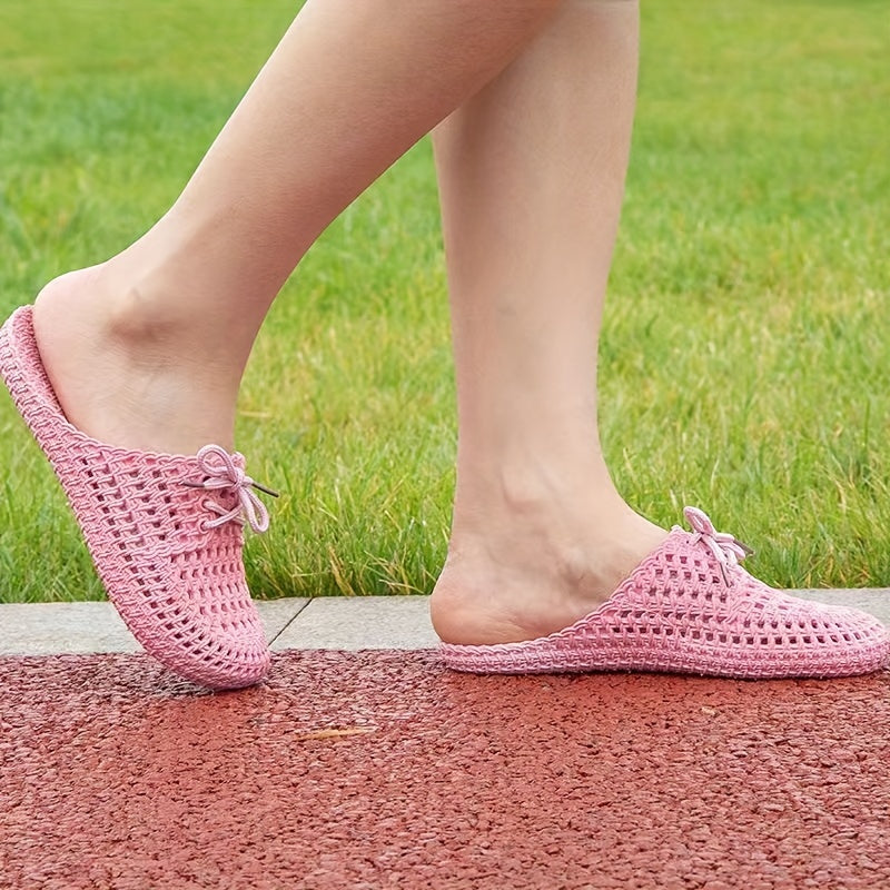 Women's Bowknot Hollow Out Flat Slides Closed Toe Mules