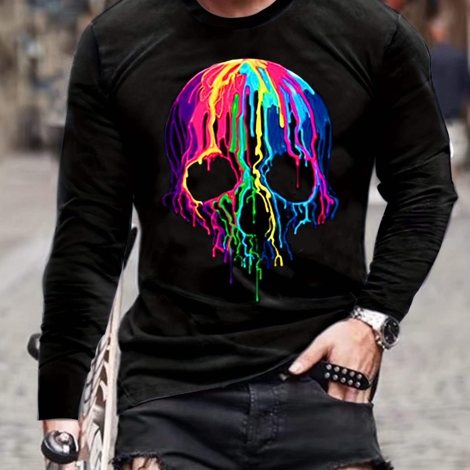 Colorful Skull Print Men's Graphic Round Neck T shirt Pullover