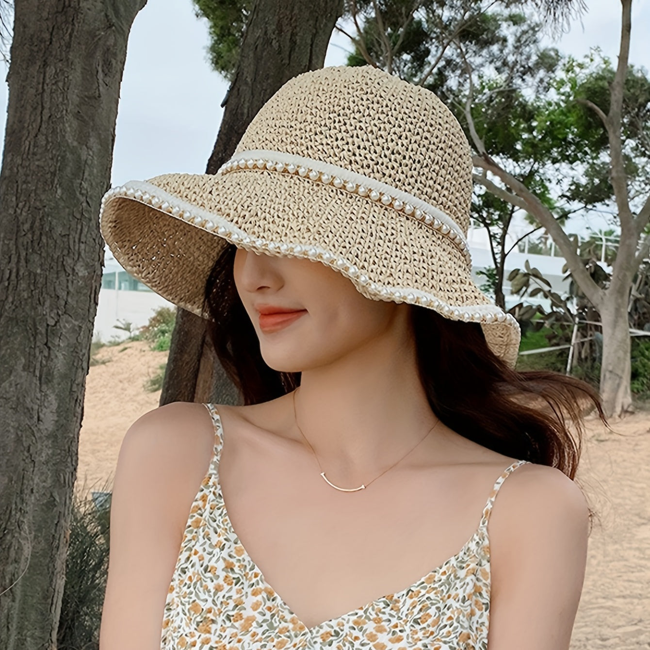 Beige Faux Pearl Decor Bucket Hat Crochet Summer Straw Sun Hats