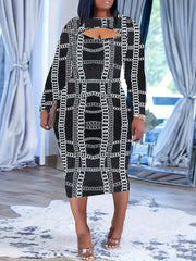Plus Chain Print Cut Out Long Sleeve Midi Dress