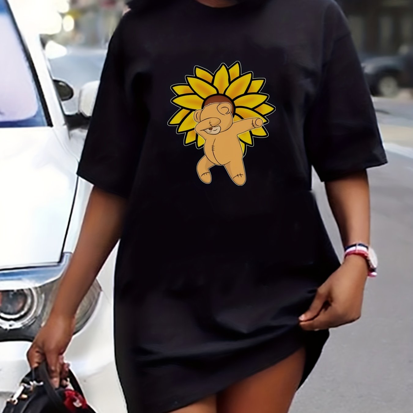 Bear & Floral Print Short Sleeve Casual Dress
