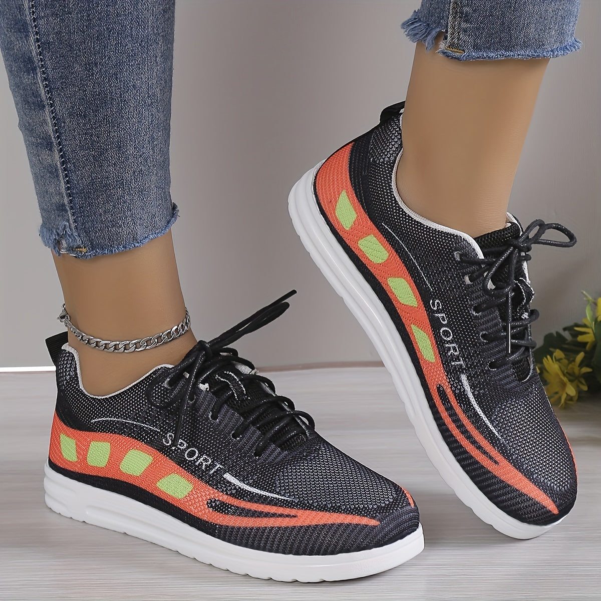 Women's Geometric Pattern Sneakers Lace Up Low Top Knit Mesh Shoes