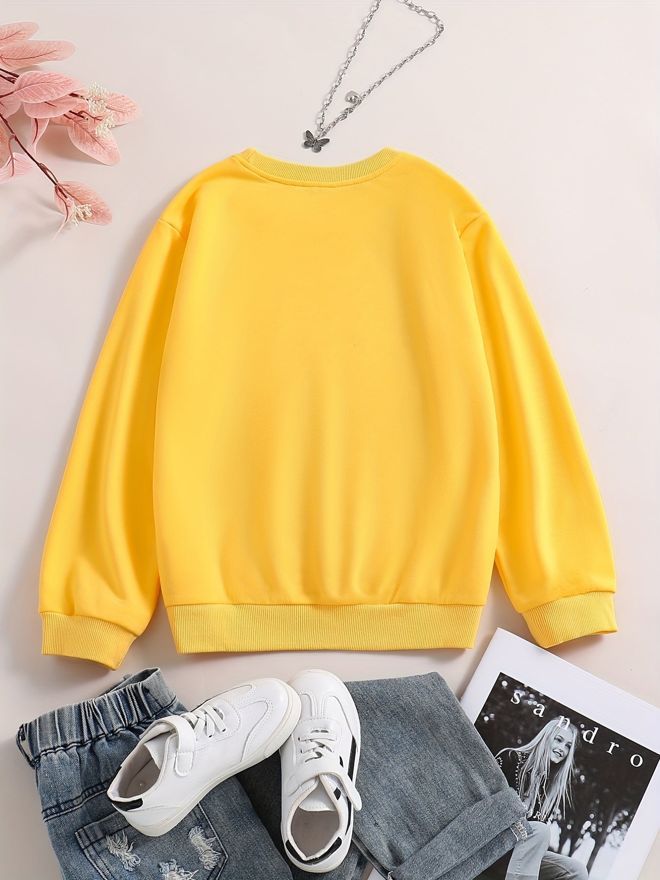 Girls Butterfly & Leaves Crew Neck Sweatshirts For Sports Casual Outfit